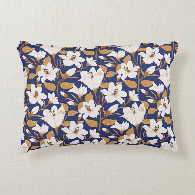 Botanical Blue Beige Lily Floral Pattern   Decorative Cushion (Front)