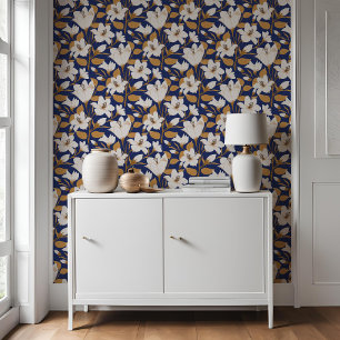 Botanical Blue Beige Lily Floral Pattern   Wallpaper