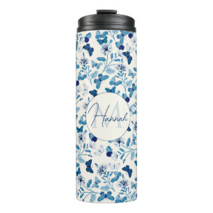 Botanical Blue Cream Flowers  and Butterflies Thermal Tumbler