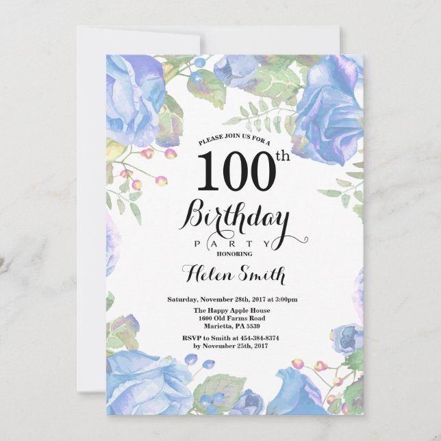 Botanical Blue Floral 100th Birthday Invitation (Front)