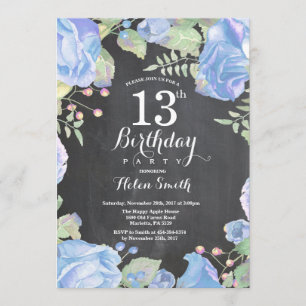 Botanical Blue Floral 13th Birthday Invitation