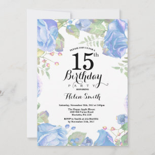 Botanical Blue Floral 15th Birthday Invitation