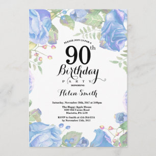 Botanical Blue Floral 90th Birthday Invitation