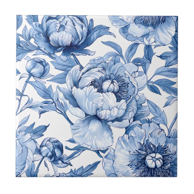 Botanical Blue Floral Art Nouveau Flower Bathroom Tile (Front)
