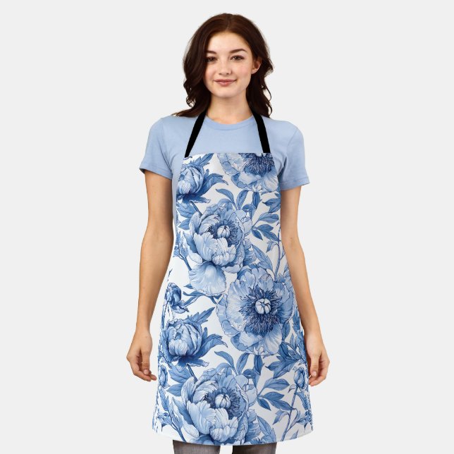 Botanical Blue Floral Art Nouveau Porcelain Flower Apron (Worn)