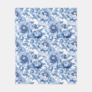 Botanical Blue Floral Delicate Porcelain Flower Fleece Blanket