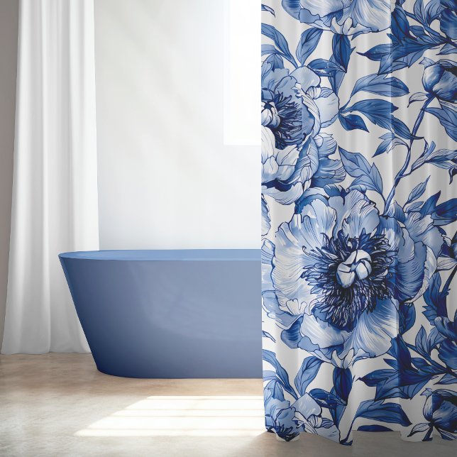 Botanical Blue Floral Delicate Porcelain Flower Shower Curtain (Botanical Blue Floral Delicate Porcelain Flower Shower Curtain)