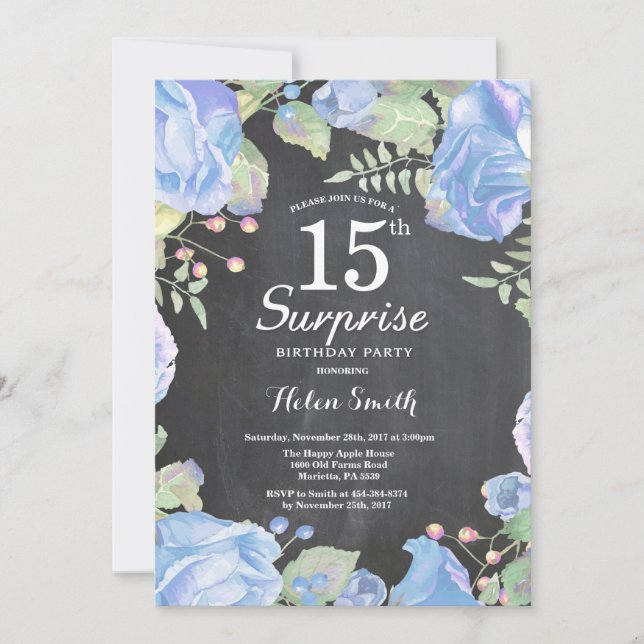 Botanical Blue Floral Surprise 15th Birthday Invitation (Front)