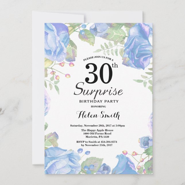 Botanical Blue Floral Surprise 30th Birthday Invitation (Front)