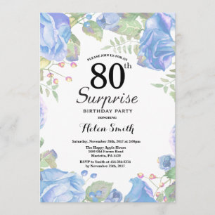 Botanical Blue Floral Surprise 80th Birthday Invitation