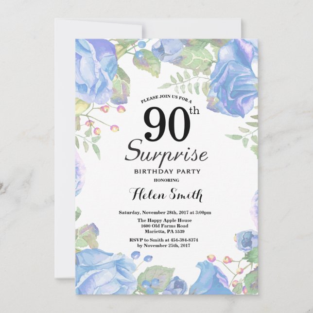 Botanical Blue Floral Surprise 90th Birthday Invitation (Front)