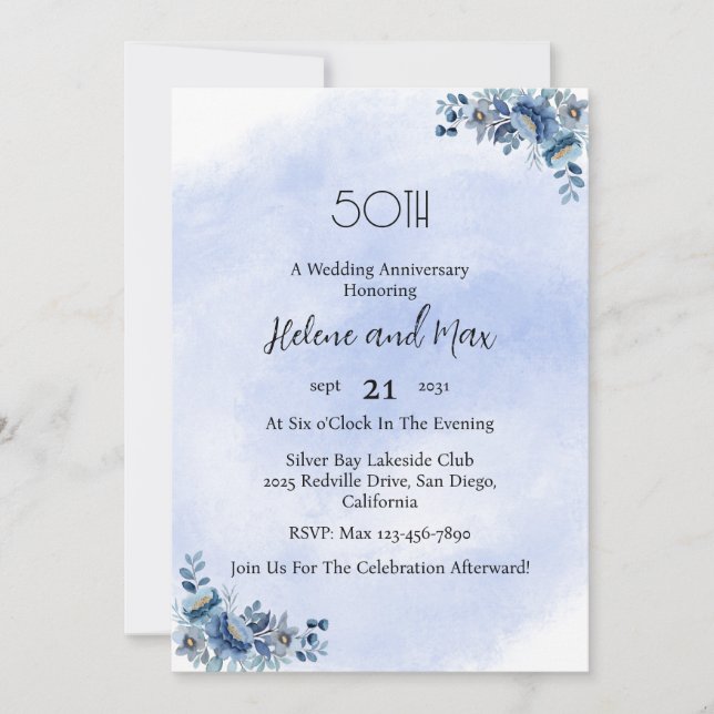 Botanical Blue Floral Wedding Anniversary  Invitation (Front)