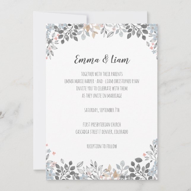 Botanical Blue Floral Wedding Invitation (Front)