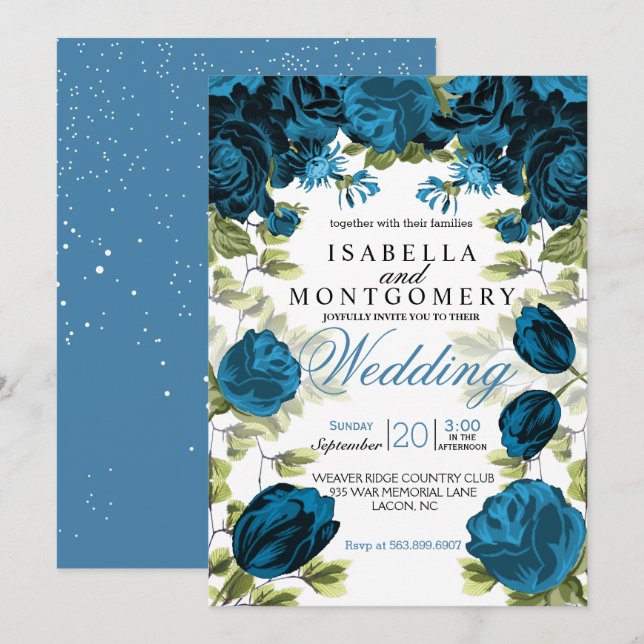 Botanical Blue Floral Wedding Invitation (Front/Back)