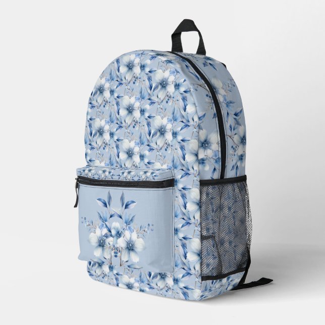 Botanical Blue Flower Printed Backpack Cut Sew Bag (Back Corner Right)
