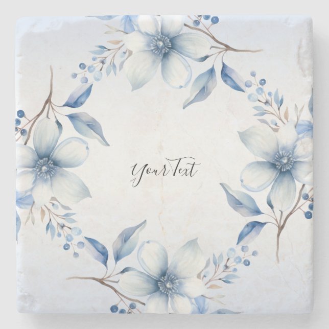 Botanical Blue Flowers Stone Coaster (Front)
