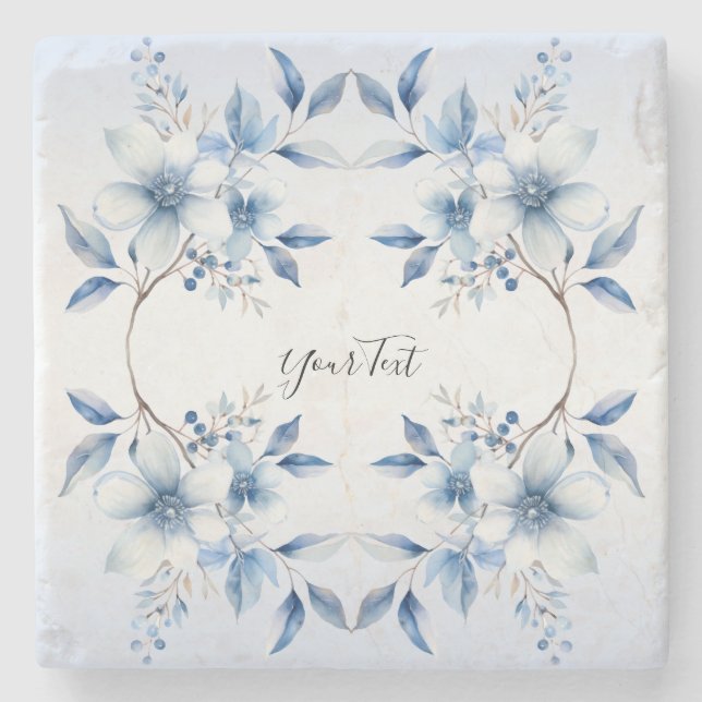 Botanical Blue Flowers Stone Coaster (Front)