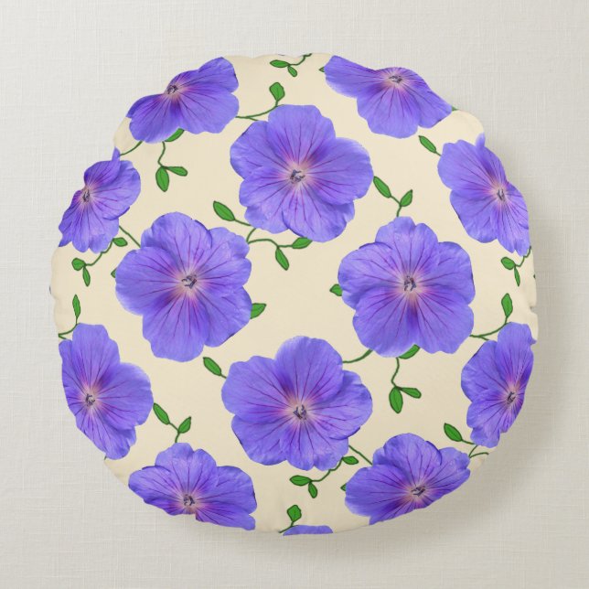 Botanical Blue Geranium Flower Round Cushion (Front)