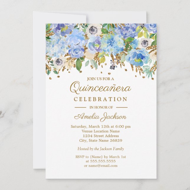 Botanical Blue Gold Floral Quinceanera Invitation (Front)