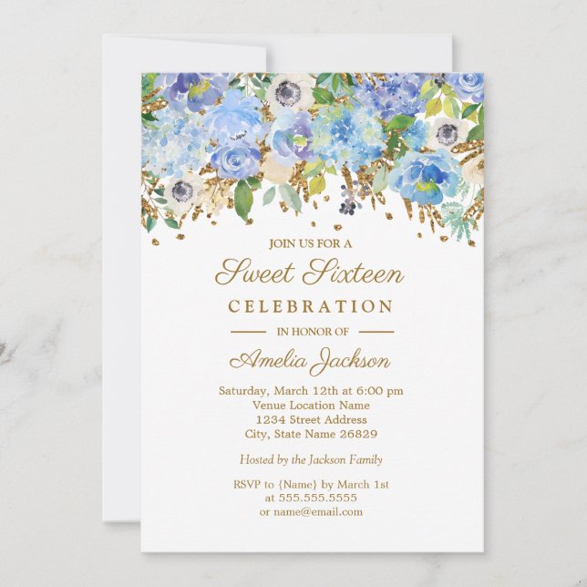 Botanical Blue Gold Floral Sweet Sixteen Birthday Invitation (Front)