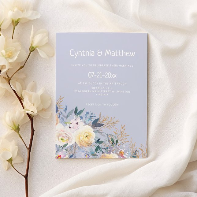 Botanical blue gold pastel floral wedding invitation (Botanical blue gold pastel floral wedding)