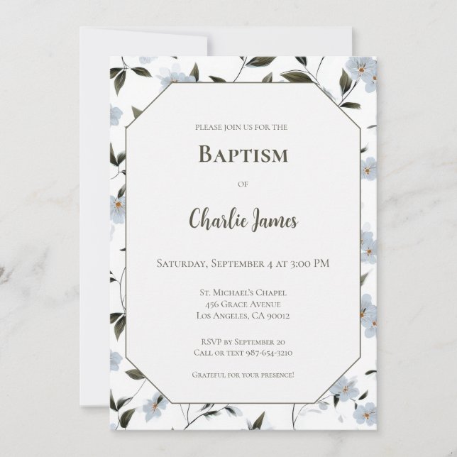 Botanical Blue Green Baptism Invitation (Front)