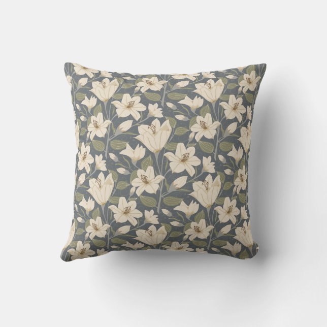 Botanical Blue Grey Beige Lily Floral Pattern   Cushion (Back)