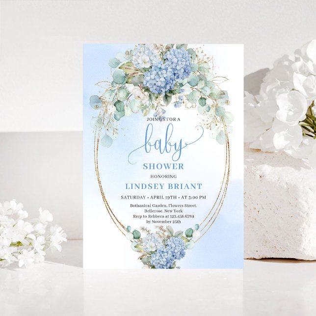 Botanical Blue Hydrangea Eucalyptus Baby Shower  Invitation (Botanical Blue Hydrangea Eucalyptus Baby Shower Invite)