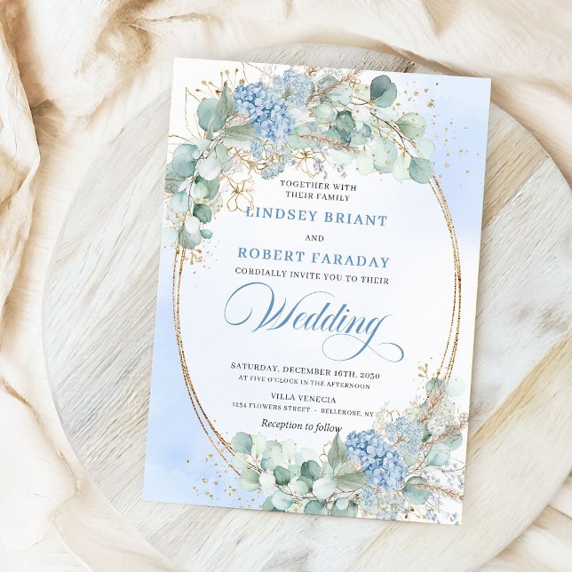 Botanical Blue Hydrangea Wheat Elegant Wedding  Invitation (Botanical Blue Hydrangea Wheat Elegant Wedding Invite)
