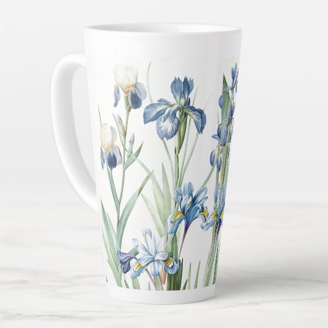 Botanical Blue Iris Flowers Redoute Latte Mug (Left Angle)