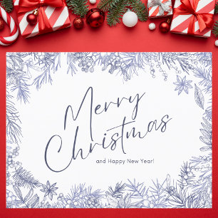 Botanical Blue Merry Christmas Illustration Postcard