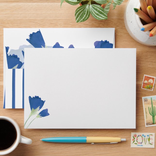 Botanical Blue Tulips, Blue Stripes Sweet 16 Envelope (Desk)