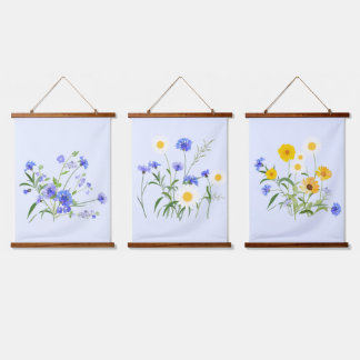 Botanical Blue White Yellow Wildflowers Hanging Tapestry
