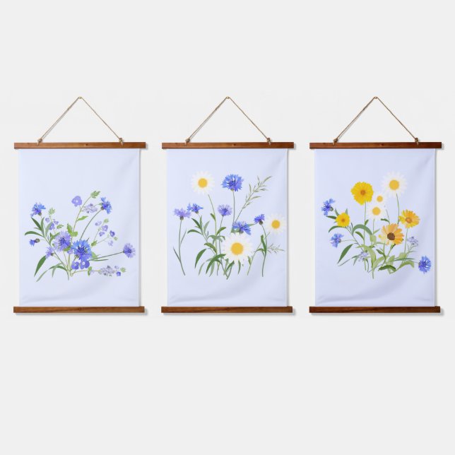 Botanical Blue White Yellow Wildflowers Hanging Tapestry (Triple)