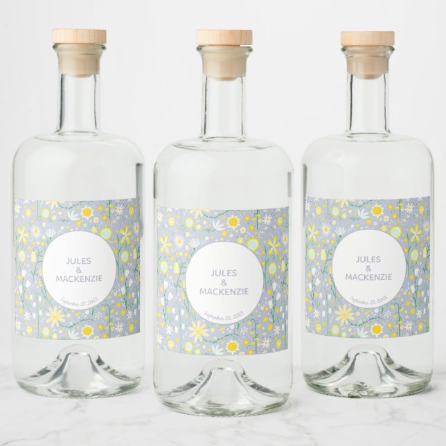 Botanical Blue Wildflower Floral Pattern Liquor Bottle Label (Bottles)