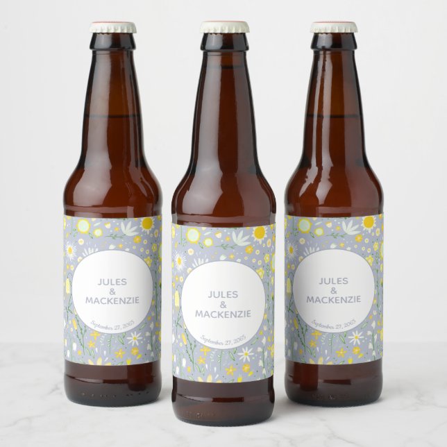 Botanical Blue Wildflower Floral Pattern Wedding Beer Bottle Label (Bottles)