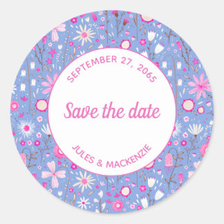 Botanical Blue Wildflower Floral Save the Date Classic Round Sticker