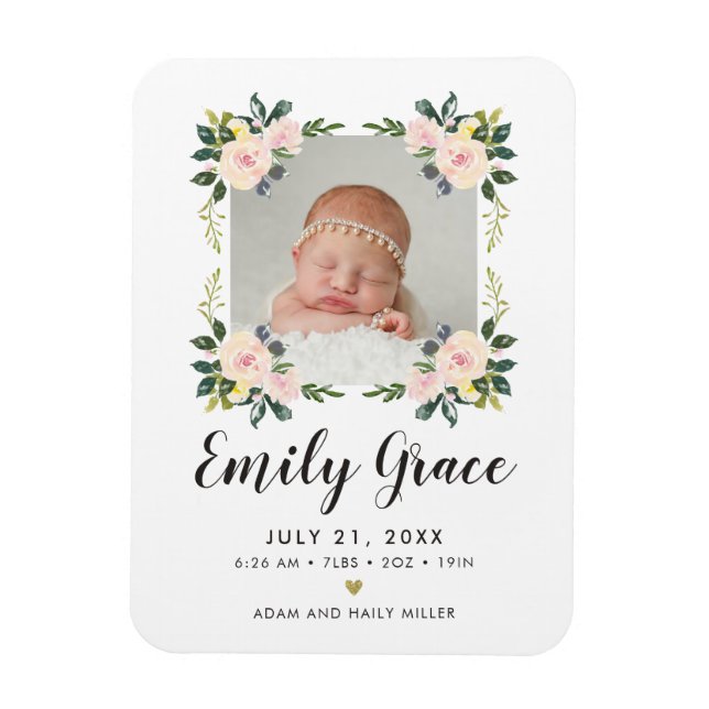 Botanical Blush Birth Announcement Photo Keepsake Magnet (Vertical)