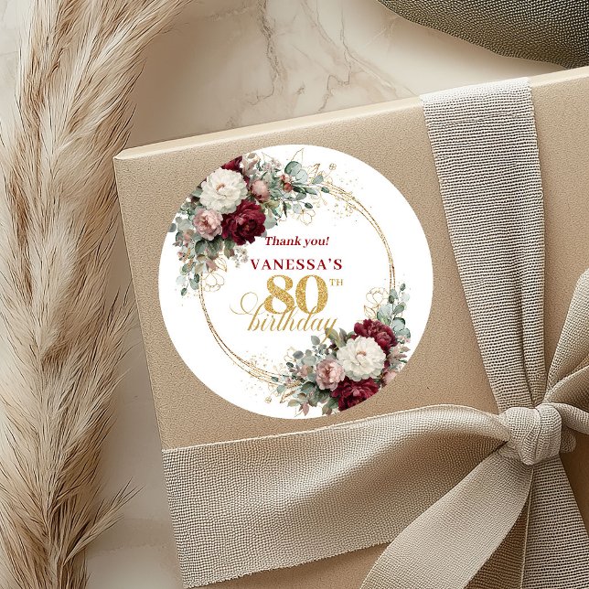 Botanical Blush Burgundy 80th Birthday Stickers (Botanical Blush Burgundy 80th Birthday Stickers)
