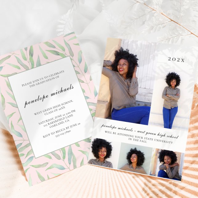 Botanical Blush Photo Collage Graduation Party Invitation (Creator Uploaded)