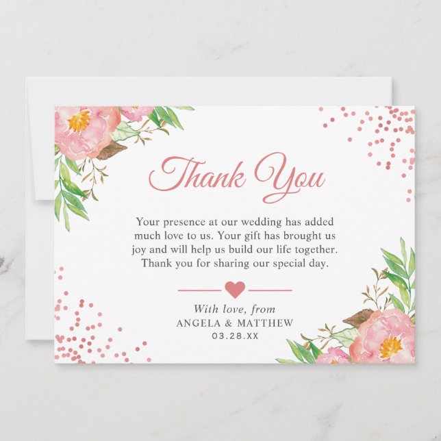 Botanical Blush Pink Floral Dots Wedding Thank You Card (Front)