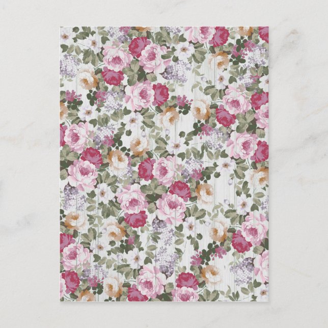 Botanical blush pink flowers vintage white wood postcard (Front)