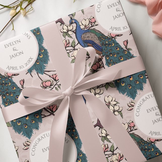 Botanical Blush Pink Wedding Peacock & Flowers  Wrapping Paper (Elegant Hand Drawn Wedding Design with Blue Peacock Birds & Magnolia Flowers in Blush Pink.)