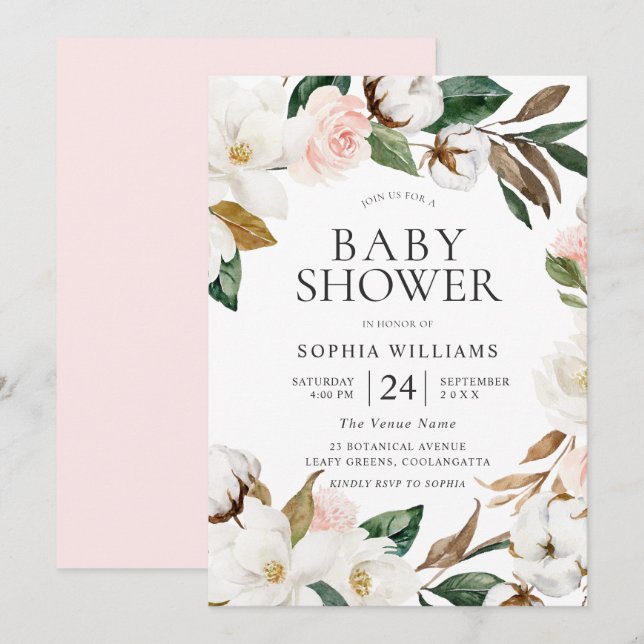 Botanical Blush White Floral Wreath Baby Shower Invitation (Front/Back)