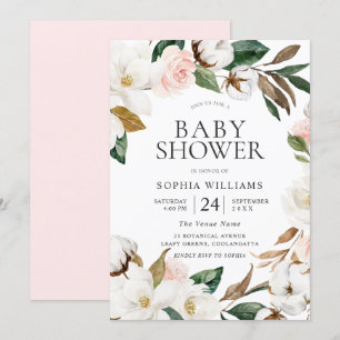 Botanical Blush White Floral Wreath Baby Shower Invitation
