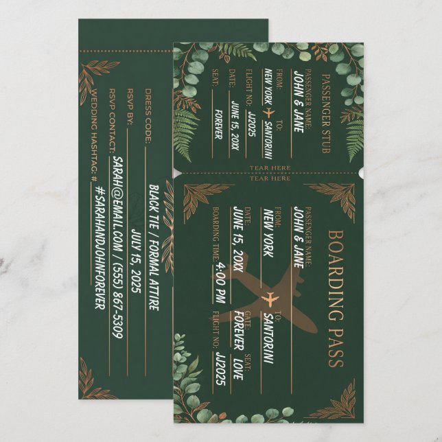 Botanical Boarding Pass Forest Green & Copper  Save The Date (Front/Back)