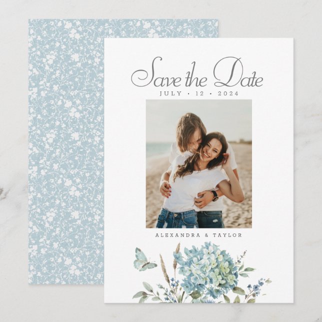 Botanical Bohemian Blue Watercolor Wedding Photo Save The Date (Front/Back)