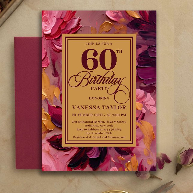 Botanical Boho 60th Birthday Burgundy Floral Gold Invitation (Botanical 60th Birthday Burgundy Floral Gold Invitation)