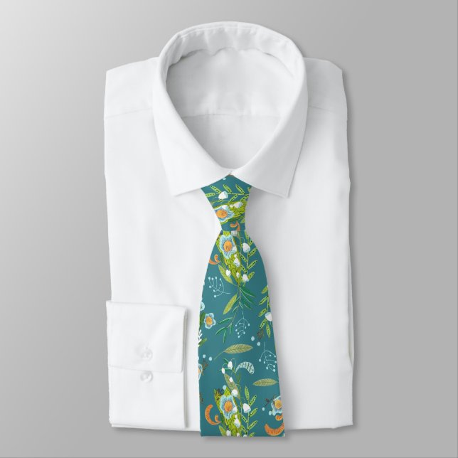 Botanical Boho Blue & Green Floral Tie (Tied)