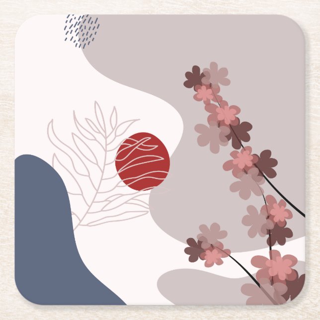 Botanical Boho Blue Magenta Square Paper Coaster (Front)